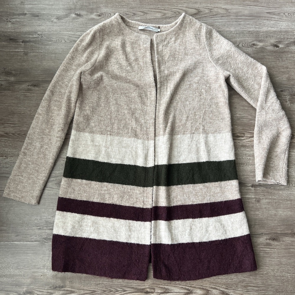 Stitches and Stripes Long Open Cardigan Womens S Beige Knit